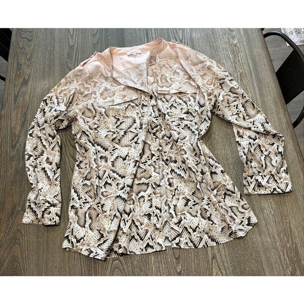 Calvin Klein Button-Down Shirt Snake Print Roll Tab Sleeve Pink Brown Size 0X